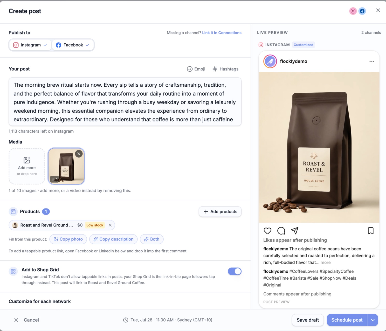 Flockly's Create post drawer: Instagram and Facebook selected under Publish to, a caption with the remaining Instagram character count, uploaded media, an attached Shopify product, the Add to Shop Grid toggle, and a live Instagram preview marked Customized